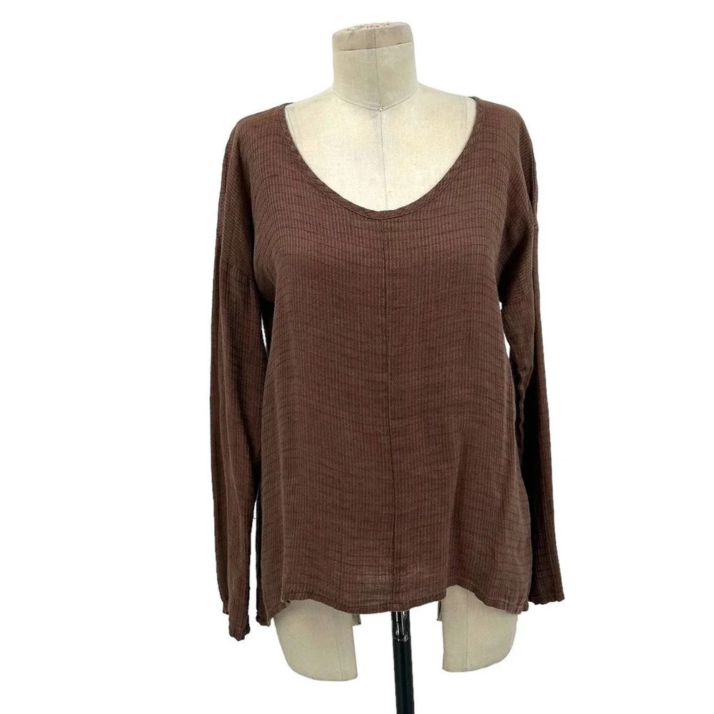 FLAX‎ Brown Linen Round Neckline Long Sleeve Top Size P / XS